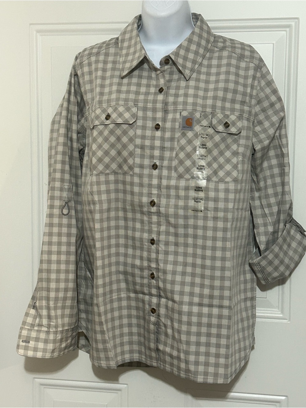 Carhartt Women’s Beige and Gray Plaid Button-Up Shirt